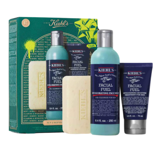 Kiehl's Men's Morning Routine Set includes a bar soap, an 8.4 fl. oz. Facial Fuel Invigorating Face Wash, and a 2.5 fl. oz. Facial Fuel Energizing Moisture Treatment.