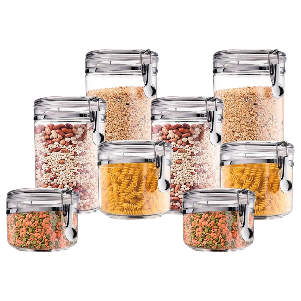 An 8-piece kitchen canister set featuring clear containers with airtight clamp lids, suitable for storing pasta, grains, beans, and lentils. The set includes varying sizes to accommodate different storage needs.
