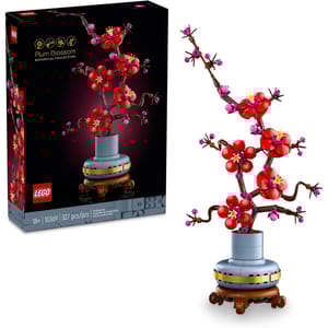 LEGO Icons Plum Blossom set (10369) features a delicate plum blossom display with 327 pieces. The set includes a decorative vase and branches adorned with red and pink blossoms.