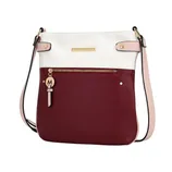 A two-tone crossbody bag featuring a burgundy pocket with a gold zip and a white upper section. Accented with a pink strap and gold hardware, including a charm with an \“M\“ emblem.