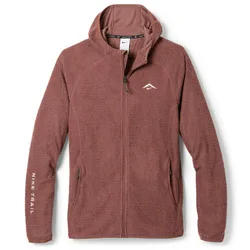 A brown fleece zip-up hoodie with a hood, featuring \“Nike Trail\“ branding on the left sleeve and a small logo on the chest.