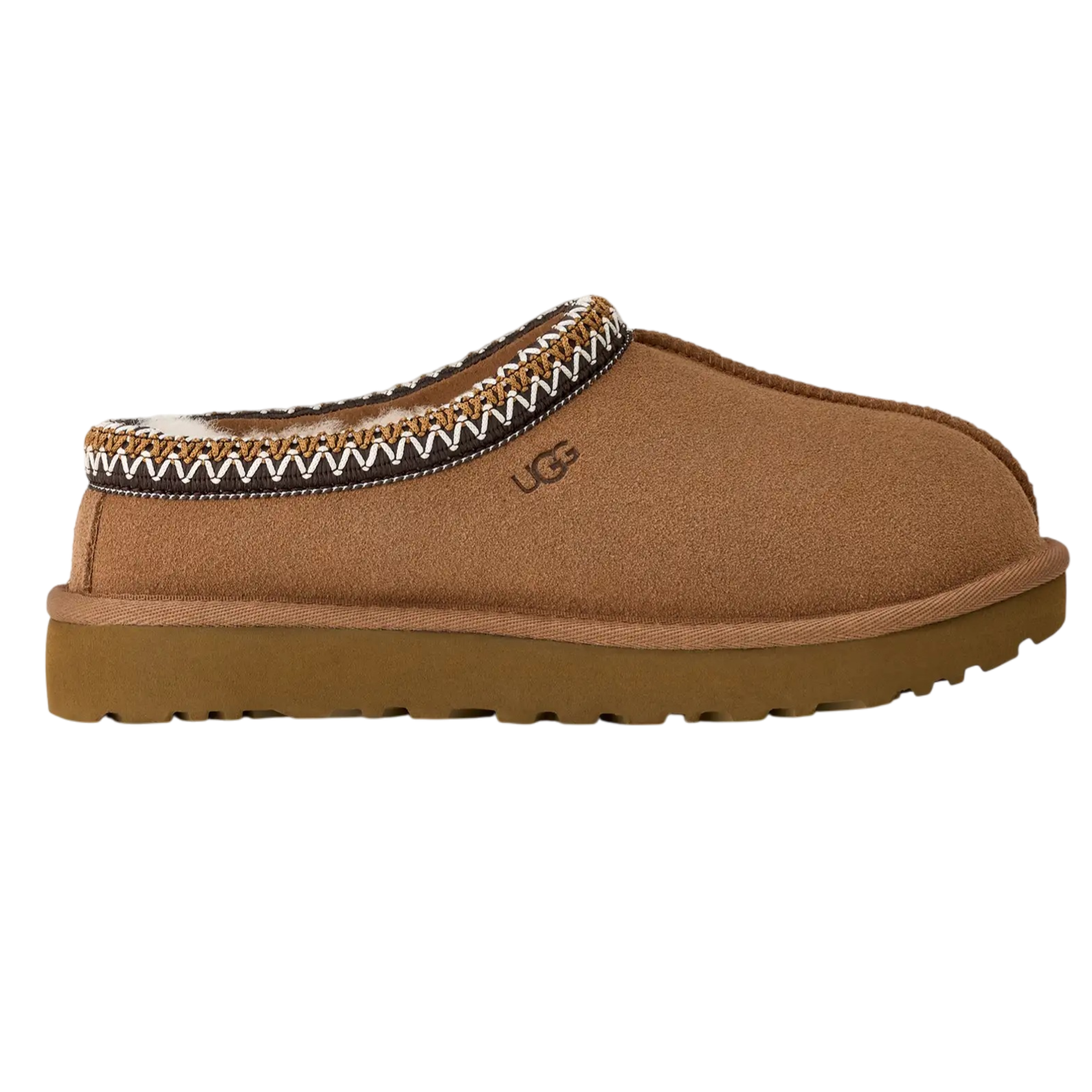 A brown UGG slipper with a fluffy interior and decorative stitching around the ankle, featuring a flat, sturdy sole.