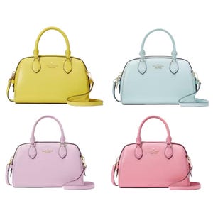 Four dome-shaped handbags in yellow, light blue, lavender, and pink.