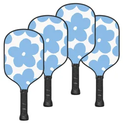 Four pickleball paddles with blue flower designs on a white background and black handles.