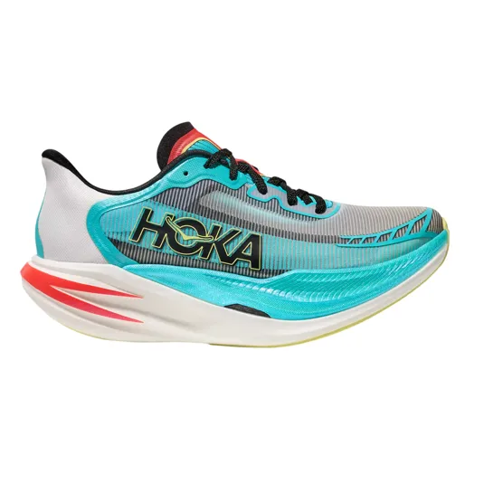 Hoka running shoe with a turquoise, gray, black, and red color scheme featuring a distinctive thick sole.