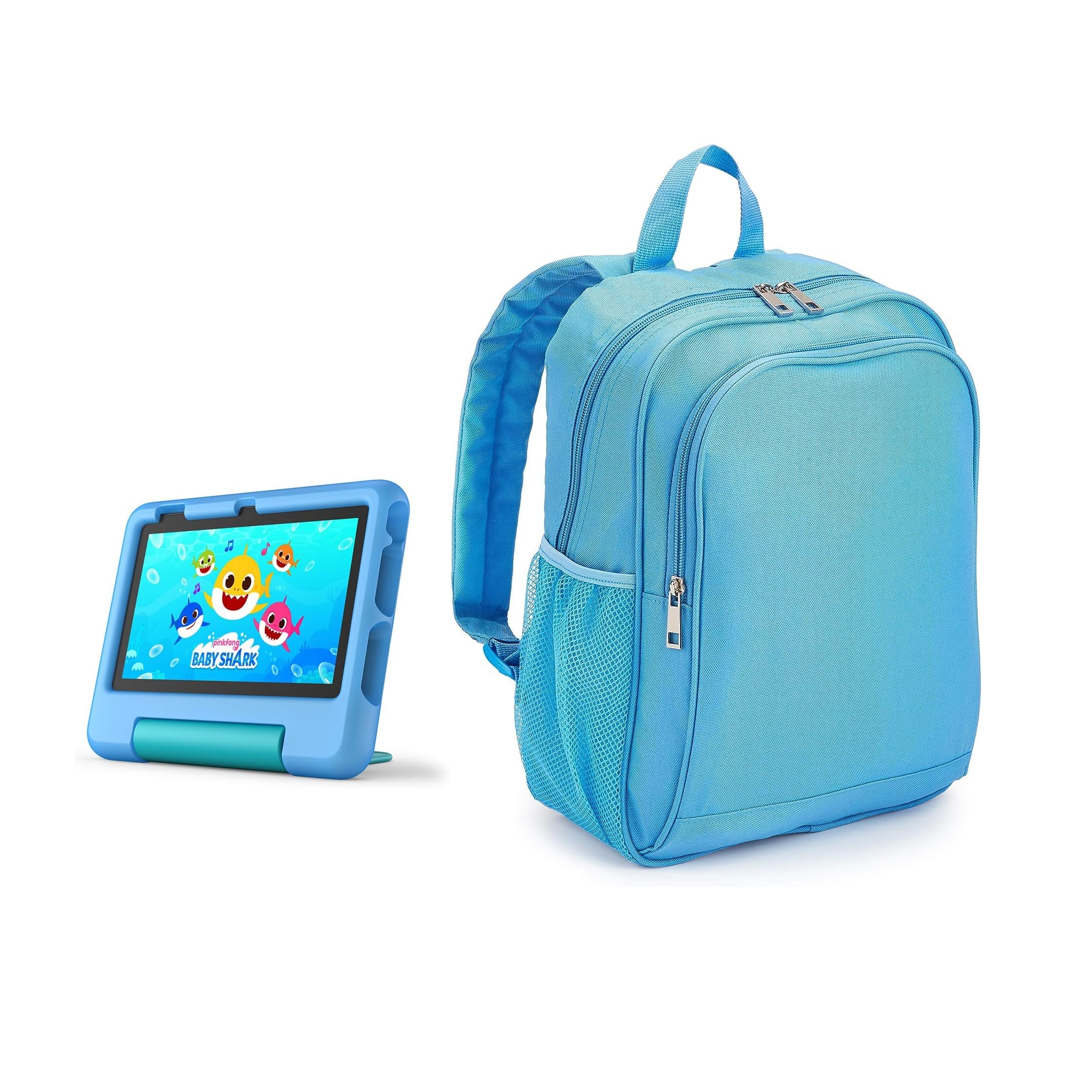Blue kids' tablet in a protective case featuring a \“Baby Shark\“ screen and a matching blue backpack with front zippered pockets and side mesh pocket.