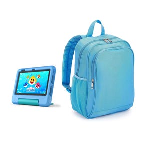 Blue kids' tablet in a protective case featuring a \“Baby Shark\“ screen and a matching blue backpack with front zippered pockets and side mesh pocket.