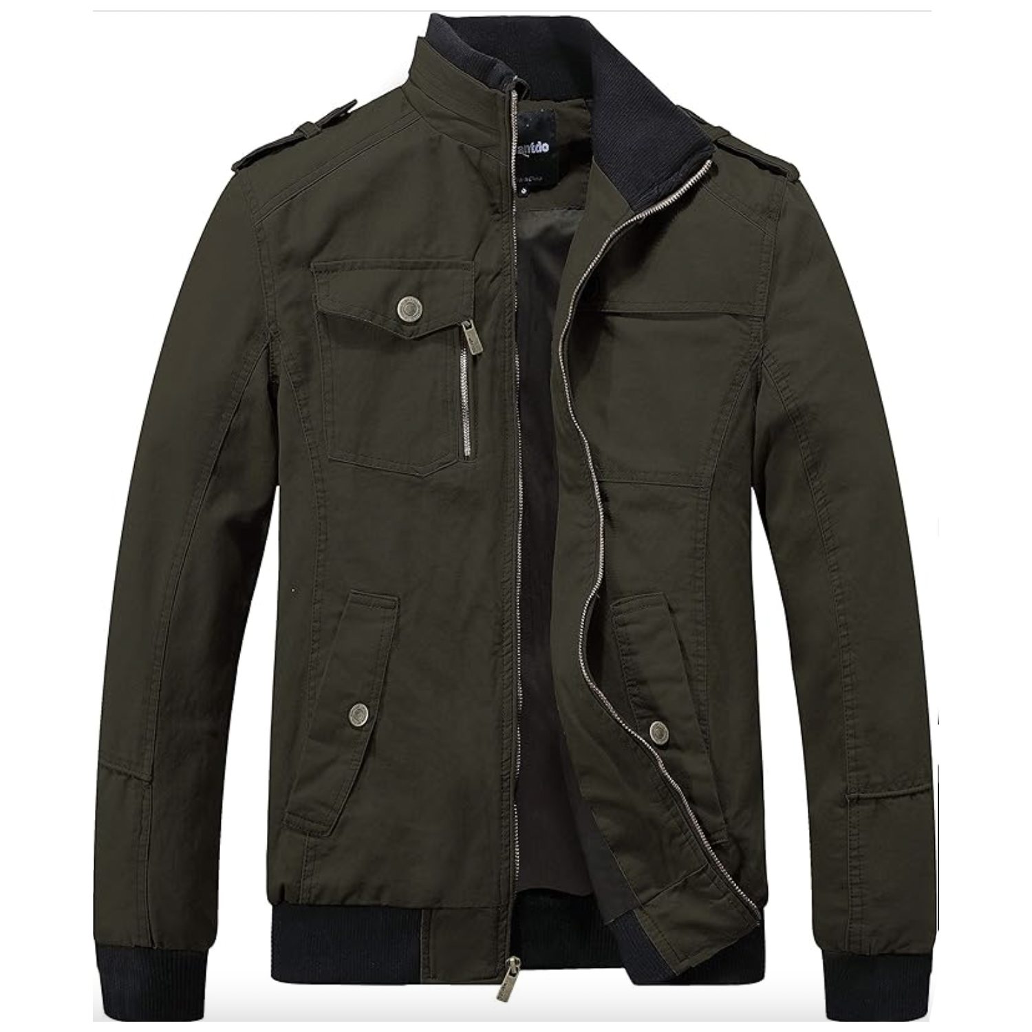 Olive green military-style jacket with stand-up collar, zippered front, and multiple pockets.