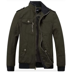 Olive green military-style jacket with stand-up collar, zippered front, and multiple pockets.