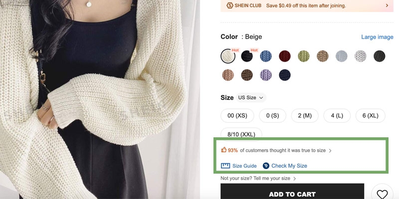 A person is wearing a black top and cream cardigan with various color options and sizes available for purchase online.