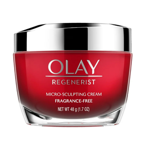 OLAY Regenerist Micro-Sculpting Cream is a fragrance-free facial moisturizer weighing 48g (1.7 oz). It is designed to hydrate and improve skin texture.