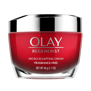 OLAY Regenerist Micro-Sculpting Cream is a fragrance-free facial moisturizer weighing 48g (1.7 oz). It is designed to hydrate and improve skin texture.