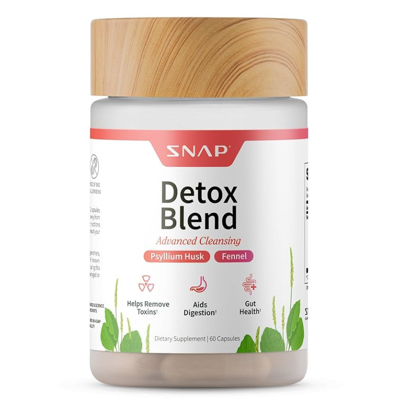 SNAP Detox Blend dietary supplement features psyllium husk and fennel, supporting toxin removal, digestion, and gut health, with 60 capsules per bottle.