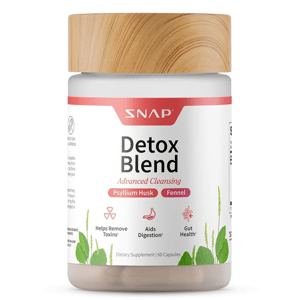 SNAP Detox Blend dietary supplement features psyllium husk and fennel, supporting toxin removal, digestion, and gut health, with 60 capsules per bottle.