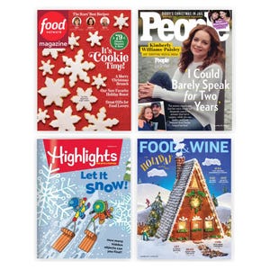 Four magazine covers: Food Network with holiday cookies, People featuring Kimberly Williams-Paisley, Highlights with a snowy scene and hidden objects, and Food & Wine showcasing a gingerbread house.