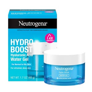 Neutrogena Hydro Boost Water Gel features hyaluronic acid for normal to oily skin, offering 4x hydration. It comes in a 1.7 oz (48g) container and is designed to refresh and give a dewy appearance.