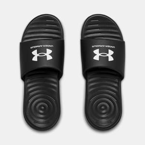 A pair of black slide sandals with a white logo on the strap.