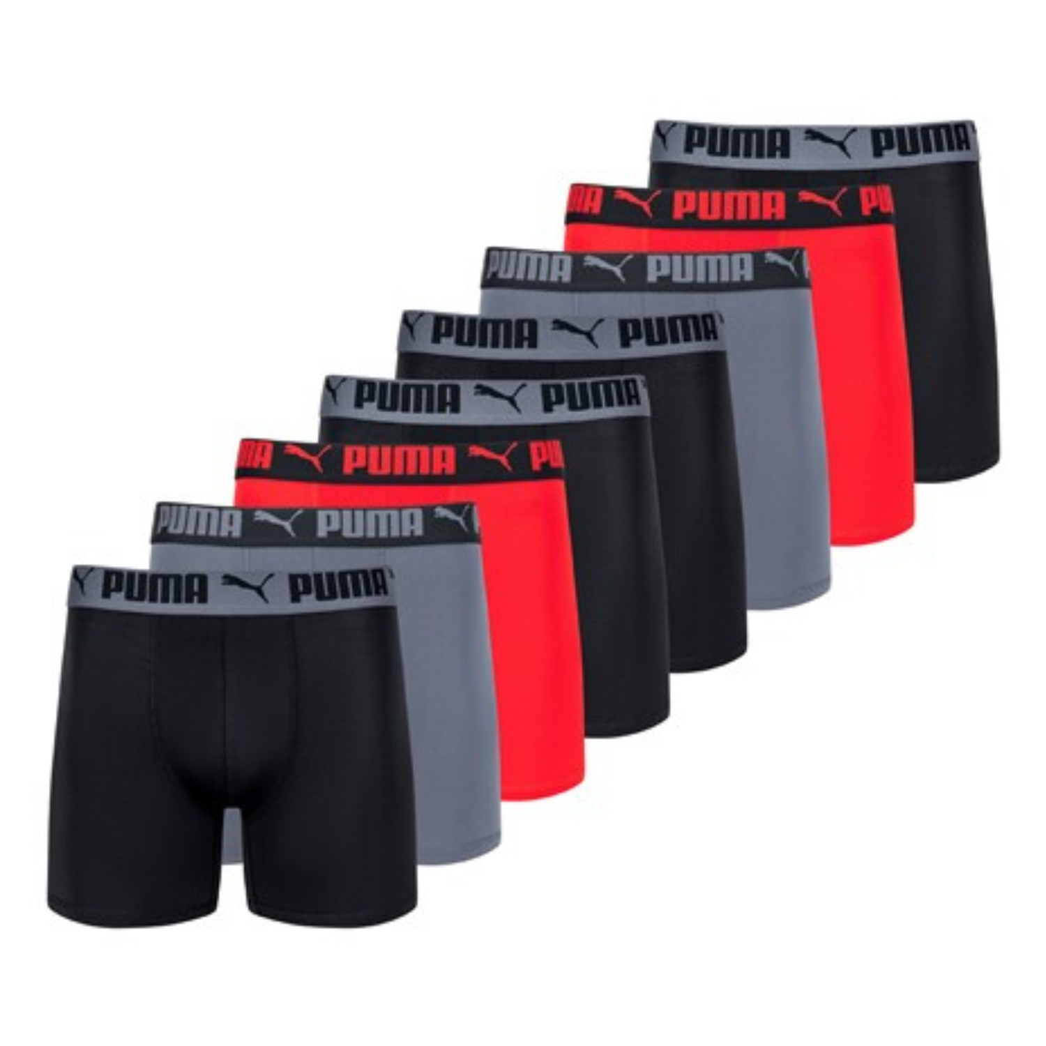 Eight pairs of Puma brand stretch boxer briefs in a mix of black, red, and gray colors, each featuring the Puma logo on the elastic waistband.