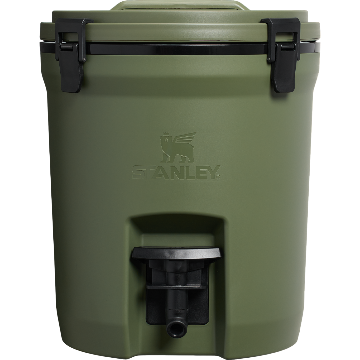 Stanley cooler with a durable green body and black latches, featuring a tap at the bottom for easy dispensing.