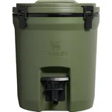 Stanley cooler with a durable green body and black latches, featuring a tap at the bottom for easy dispensing.