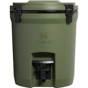 Stanley cooler with a durable green body and black latches, featuring a tap at the bottom for easy dispensing.
