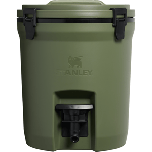 Stanley cooler with a durable green body and black latches, featuring a tap at the bottom for easy dispensing.