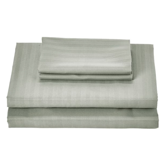 Kathy Ireland 6-piece sheet set, featuring a subtle striped pattern, includes a flat sheet, fitted sheet, and four pillowcases in a light sage color.
