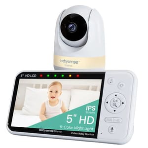 A Babysense video baby monitor with a 5-inch HD LCD screen and a camera featuring an IPS screen, 6-color night light, and remote controls.