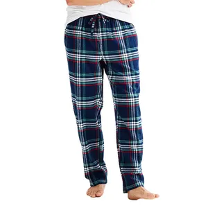 Plaid flannel pajama pants with a drawstring waist, featuring a navy, red, and white checkered pattern.