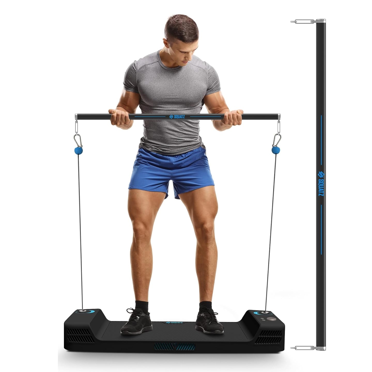 A portable smart cable home gym features resistance bands, a digital display unit, and a detachable bar for a variety of exercises, designed for compact workout solutions.