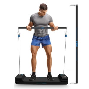 A portable smart cable home gym features resistance bands, a digital display unit, and a detachable bar for a variety of exercises, designed for compact workout solutions.