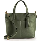 A green leather tote bag with dual handles, a detachable crossbody strap, and a tassel accent.