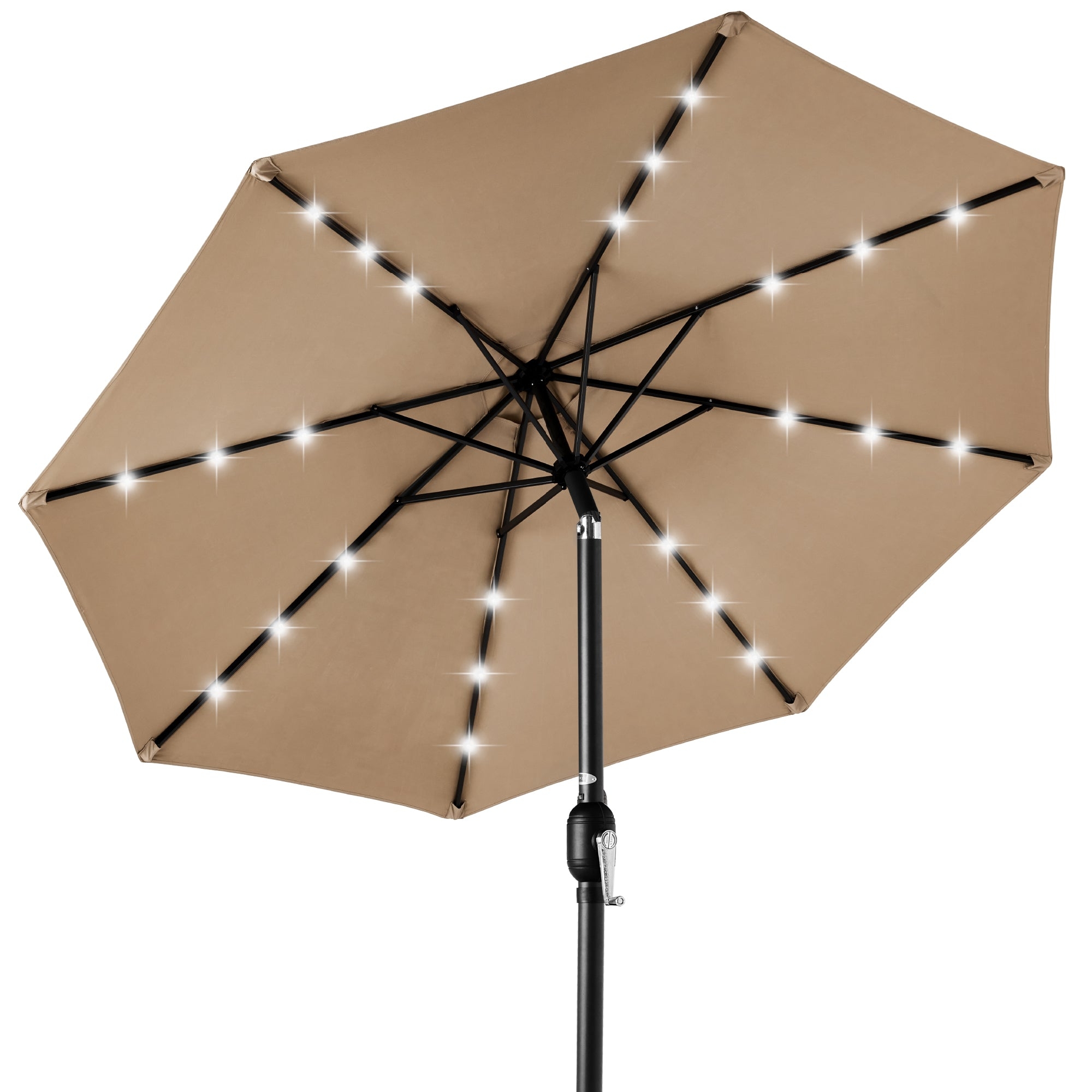 This is a 10-foot patio umbrella in a beige color, featuring LED lights along its ribs for illumination.