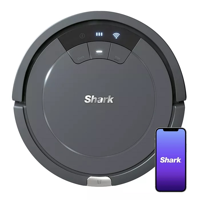 A Shark robot vacuum with an accompanying smartphone app for remote control is shown. It features buttons for docking, cleaning, and mapping, with Wi-Fi connectivity.