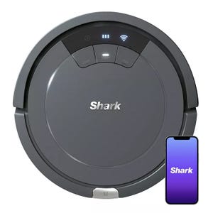 A Shark robot vacuum with an accompanying smartphone app for remote control is shown. It features buttons for docking, cleaning, and mapping, with Wi-Fi connectivity.