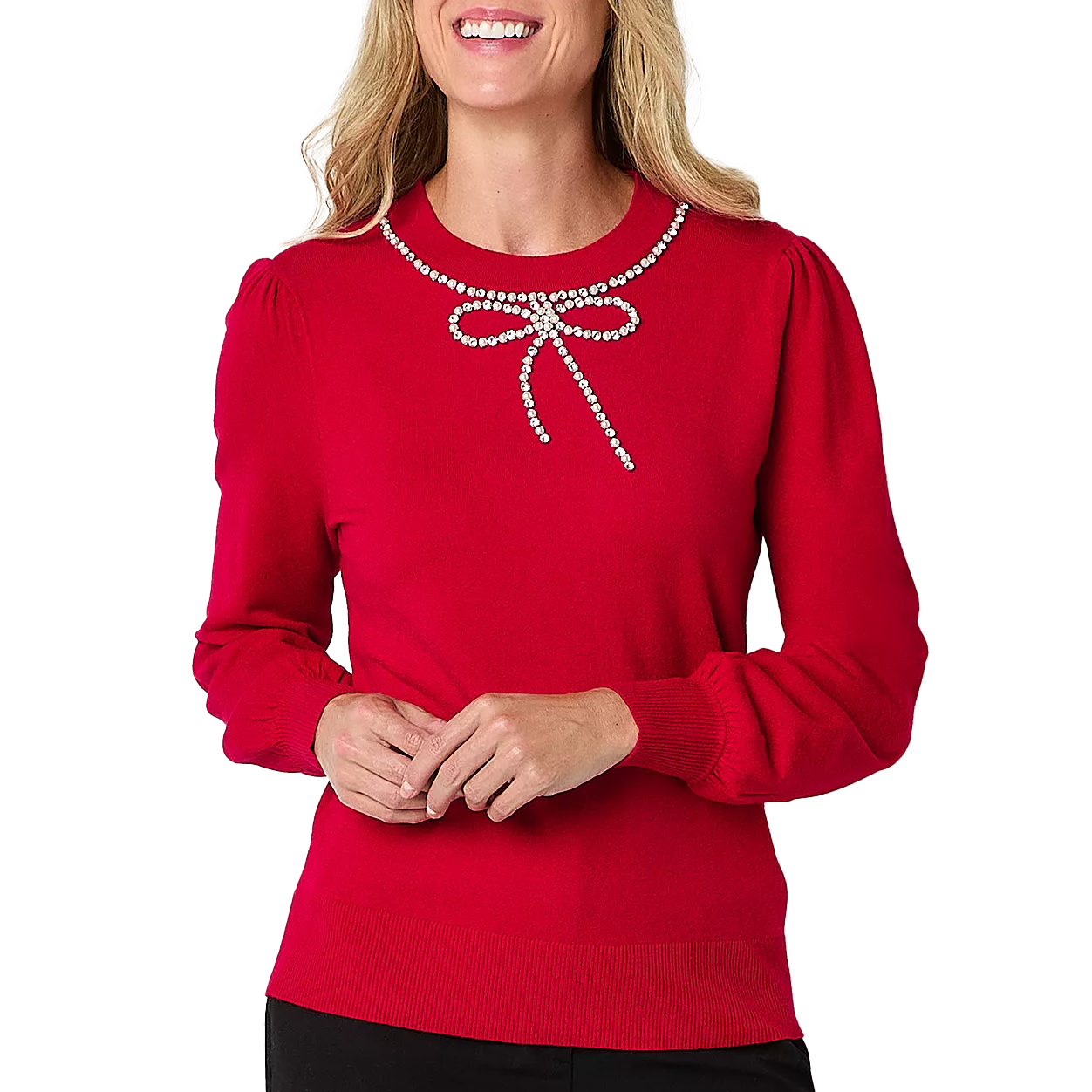 Red sweater with long sleeves, featuring a pearl-embellished bow design at the neckline.