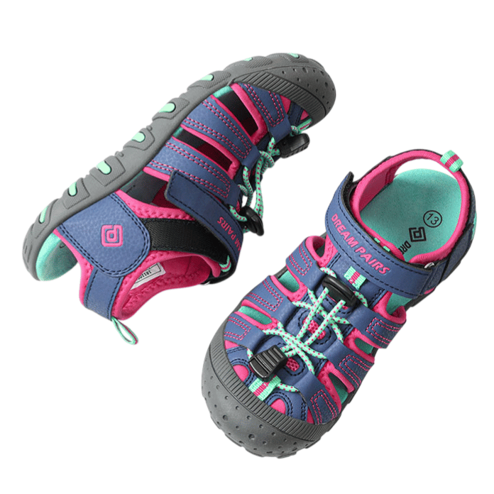 Children's sandals with blue, pink, and green accents, featuring a secure design for easy on and off.