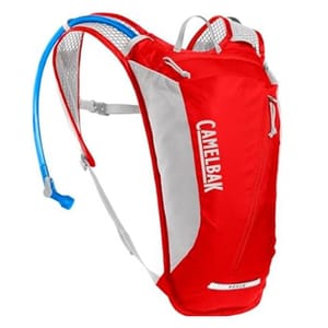 Red CamelBak hydration backpack with a blue drinking tube on the left side.