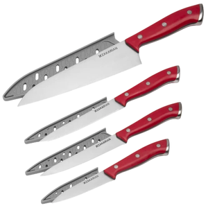 A set of four kitchen knives with red handles, featuring a large santoku knife and three smaller multipurpose knives.