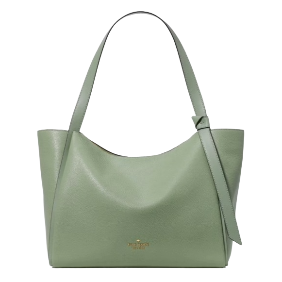 A sage green leather tote bag with a simple design, featuring a single shoulder strap and a decorative knot detail.