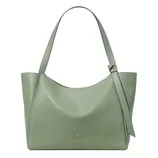A sage green leather tote bag with a simple design, featuring a single shoulder strap and a decorative knot detail.