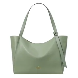 A sage green leather tote bag with a simple design, featuring a single shoulder strap and a decorative knot detail.