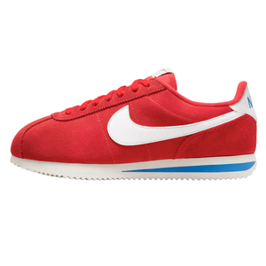 Red Nike Cortez sneaker with a white swoosh, detailed with blue accents on the sole and heel, featuring a classic silhouette and rugged outsole.