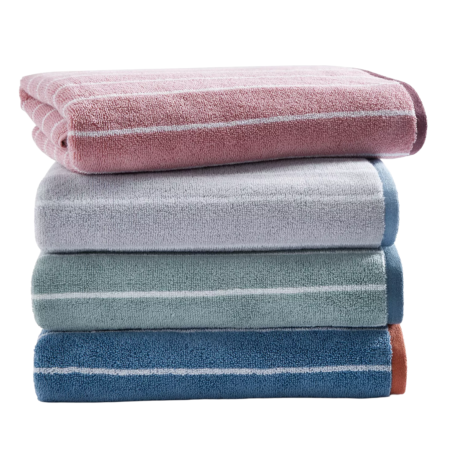 A stack of four towels in different colors: pink, gray, green, and blue, each with thin horizontal stripes near the edges.