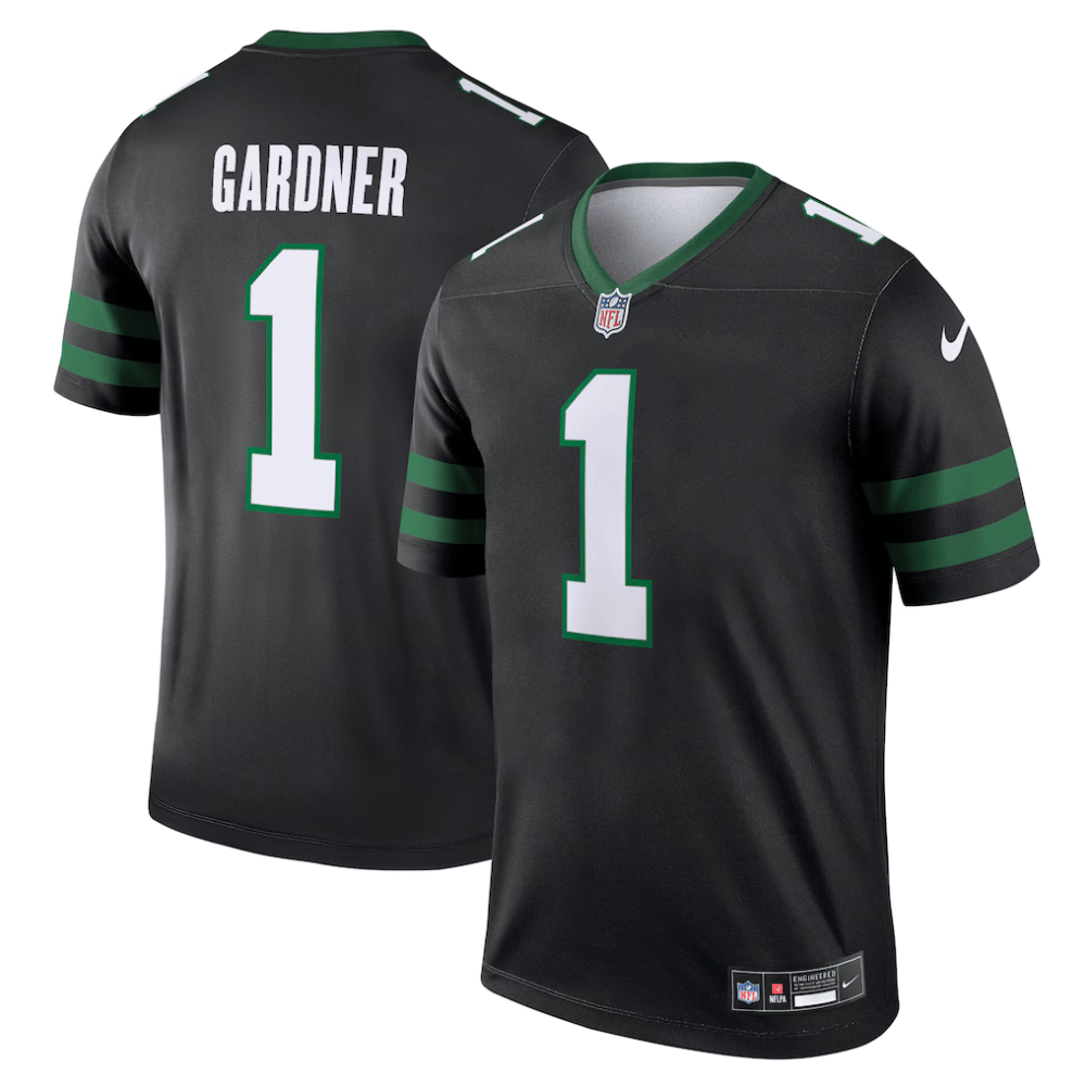 Black NFL jersey featuring the name \“GARDNER\“ and number 1, with green and white accents, made by Nike.