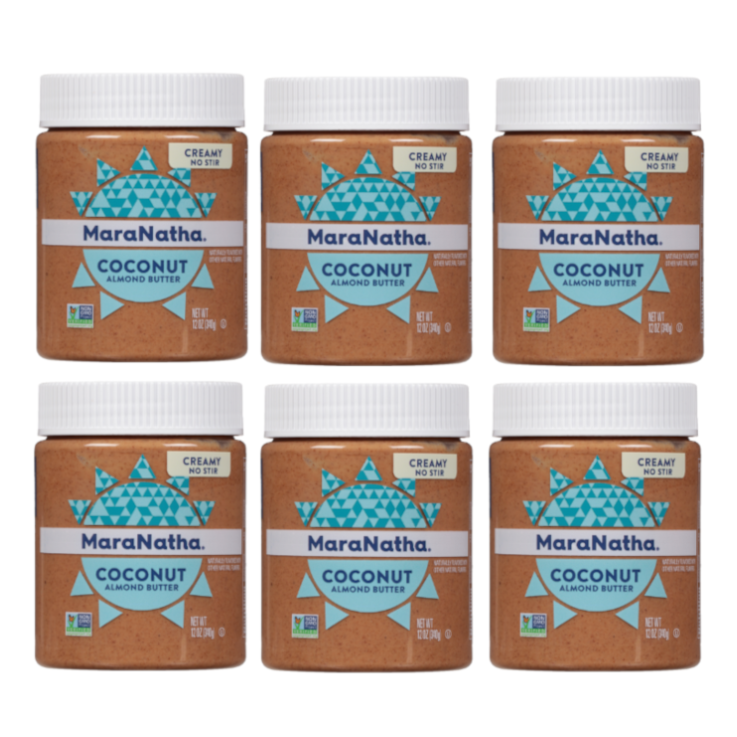 Six jars of MaraNatha Coconut Almond Butter, labeled as creamy and no-stir, each with a net weight of 12 oz (340 g).