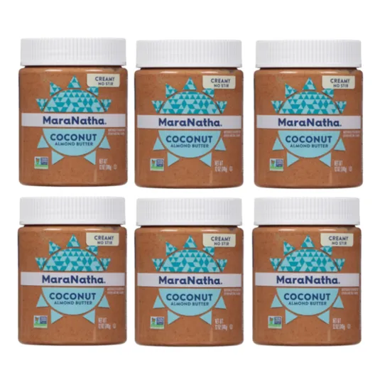 Six jars of MaraNatha Coconut Almond Butter, labeled as creamy and no-stir, each with a net weight of 12 oz (340 g).