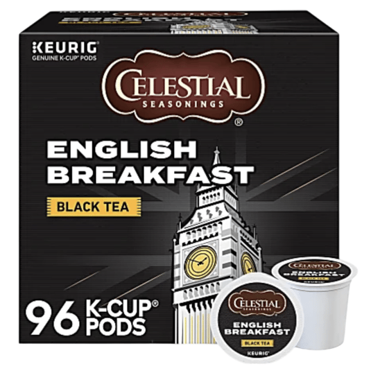 Celestial Seasonings English Breakfast Black Tea K-Cup Pods compatible with Keurig, containing 96 pods. Features a design of a clock tower resembling Big Ben.