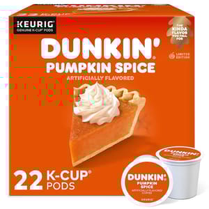 A box of Dunkin' Pumpkin Spice artificially flavored K-Cup pods for Keurig coffee makers, containing 22 pods.