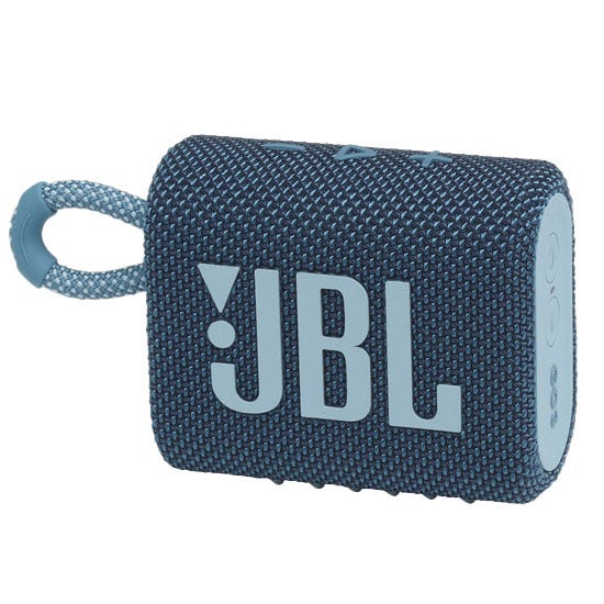 A compact, blue JBL portable Bluetooth speaker with a textured fabric exterior, featuring a handle for easy carrying.